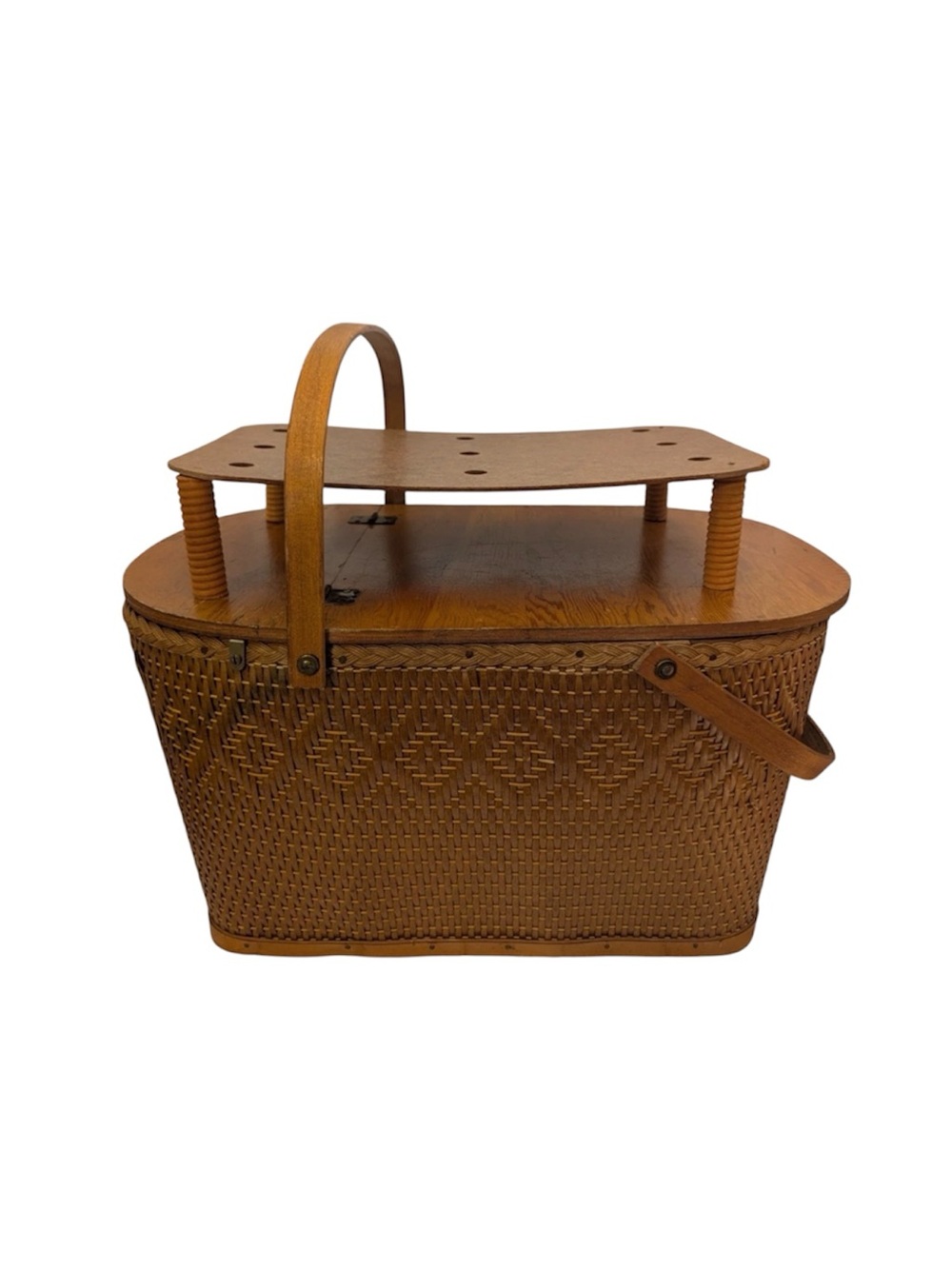 Red Man Wicker Woven Picnic Basket Insert Hinged Lid Large Swing Handles Woven